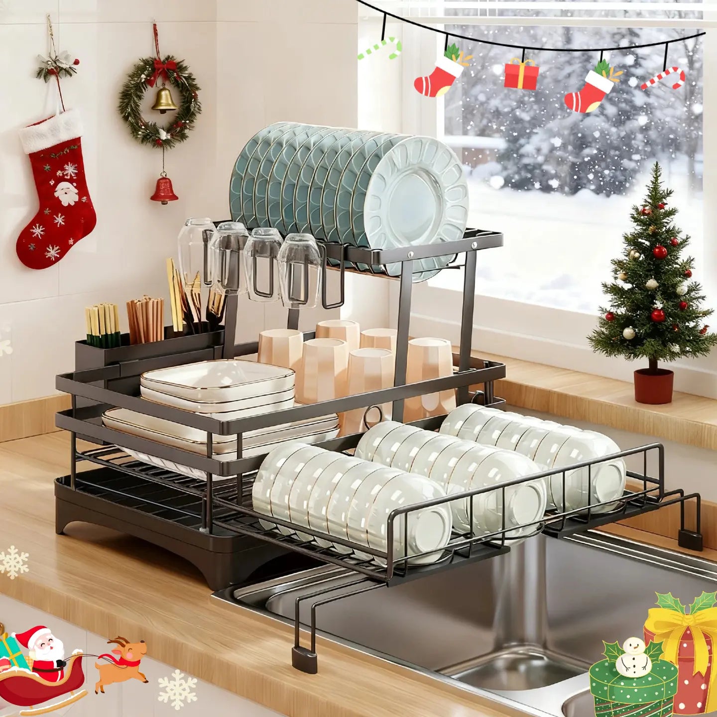 2-Tier Over Sink Dish Drying Rack with Pull-Out Tray