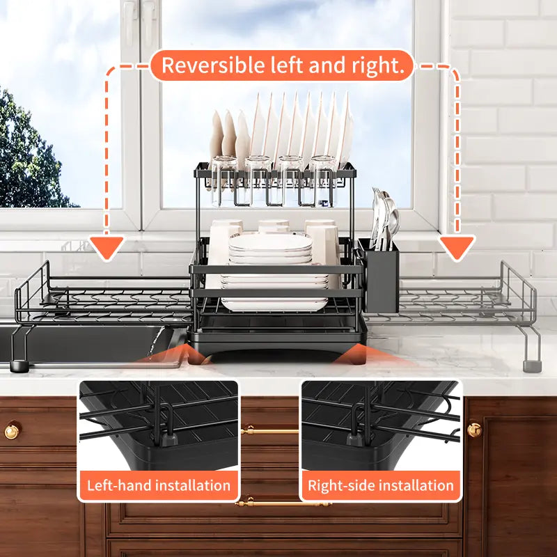 2-Tier Over Sink Dish Drying Rack with Pull-Out Tray