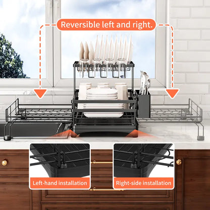 2-Tier Over Sink Dish Drying Rack with Pull-Out Tray