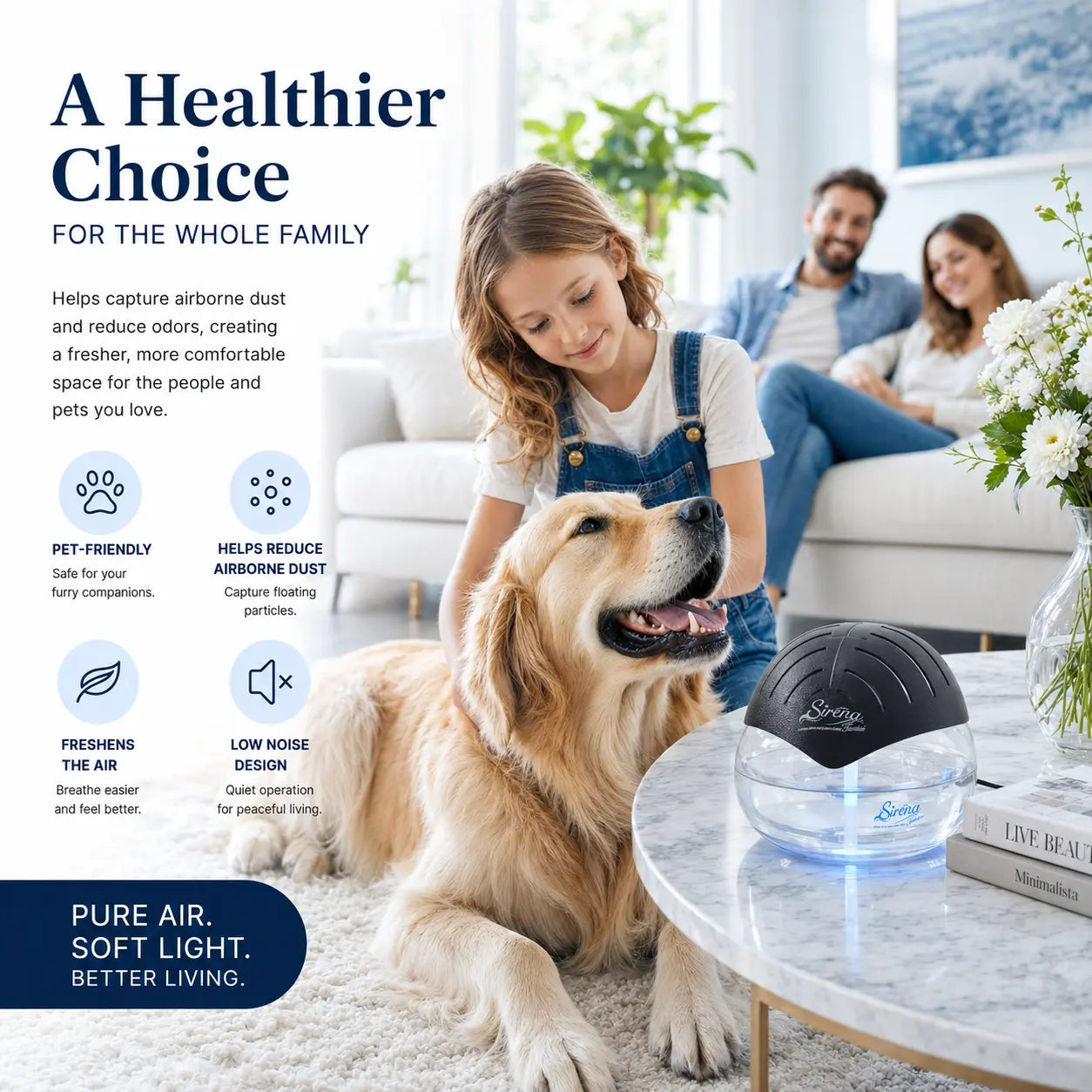 Water Air Purifier with Essential Oil Diffuser & LED Night Light, Home Air Cleaner for Odors, Smoke & Pets