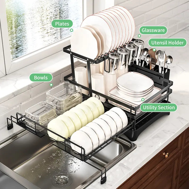 2-Tier Over Sink Dish Drying Rack with Pull-Out Tray
