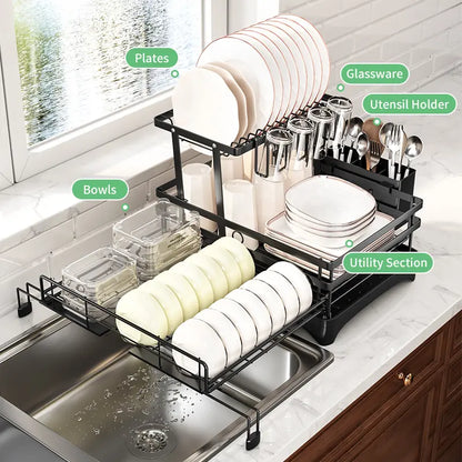 2-Tier Over Sink Dish Drying Rack with Pull-Out Tray