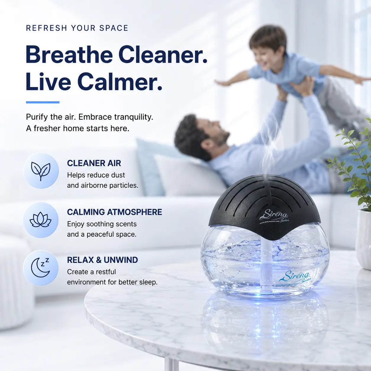Water Air Purifier with Essential Oil Diffuser & LED Night Light, Home Air Cleaner for Odors, Smoke & Pets
