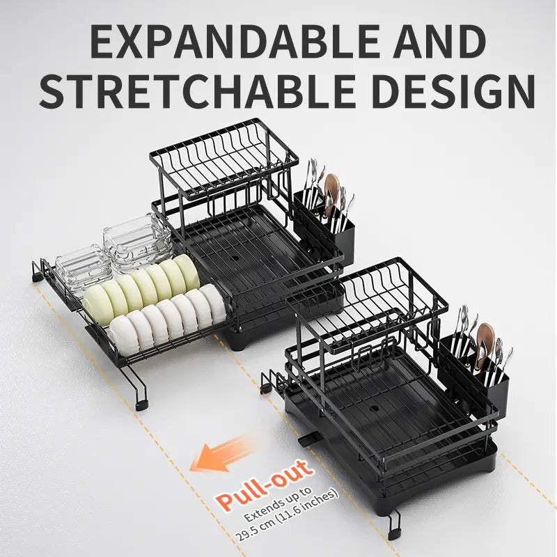 2-Tier Over Sink Dish Drying Rack with Pull-Out Tray