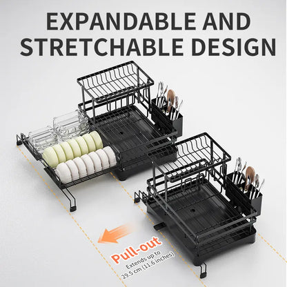 2-Tier Over Sink Dish Drying Rack with Pull-Out Tray
