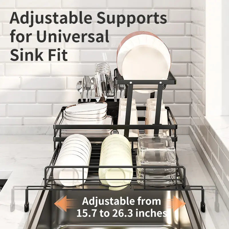 2-Tier Over Sink Dish Drying Rack with Pull-Out Tray