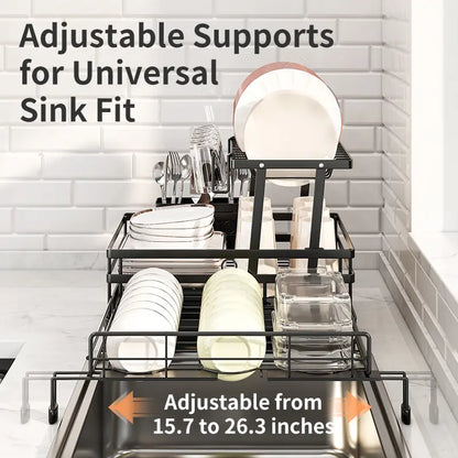 2-Tier Over Sink Dish Drying Rack with Pull-Out Tray