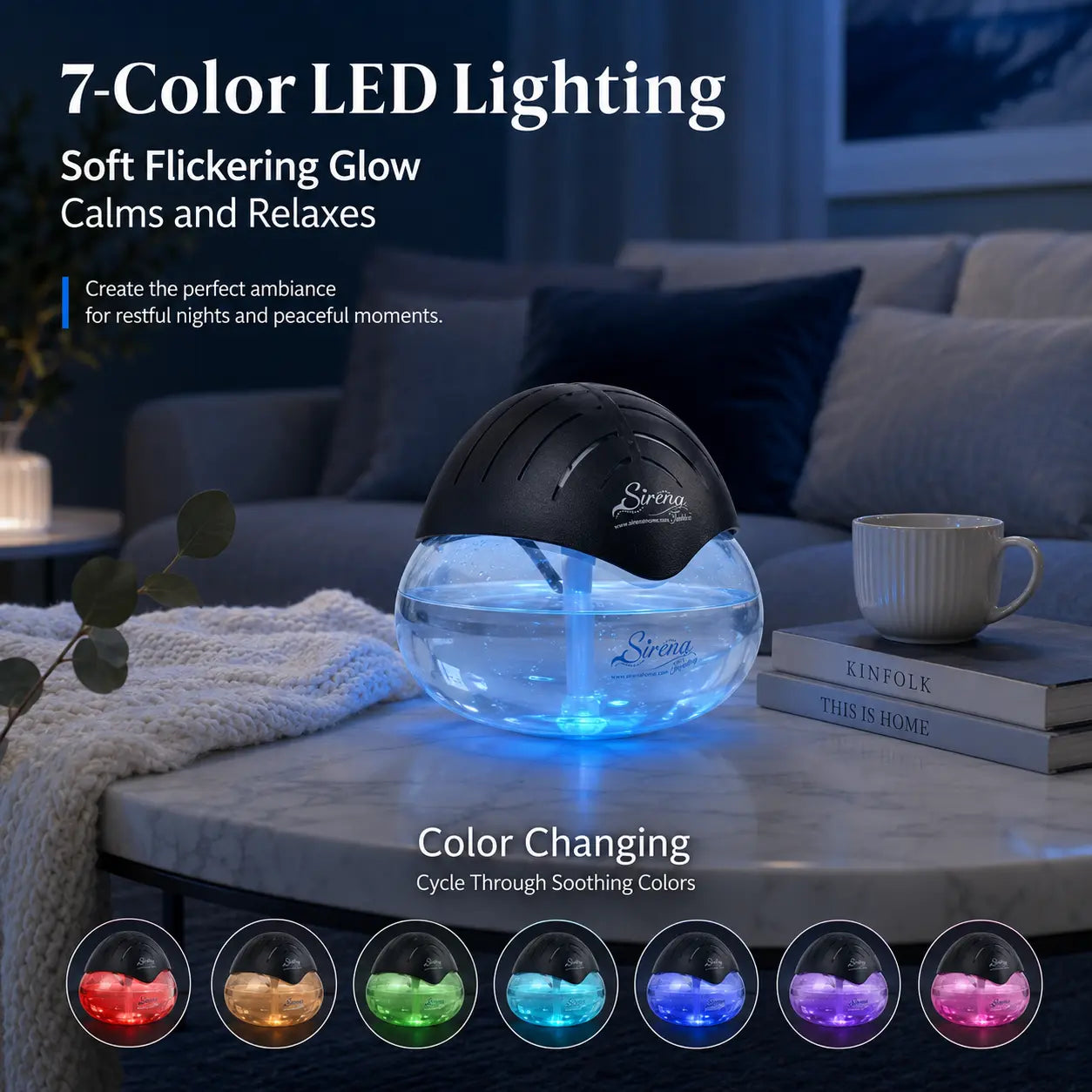 Water Air Purifier with Essential Oil Diffuser & LED Night Light, Home Air Cleaner for Odors, Smoke & Pets