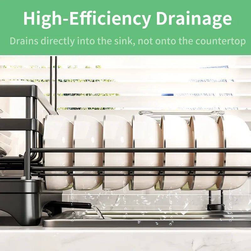2-Tier Over Sink Dish Drying Rack with Pull-Out Tray