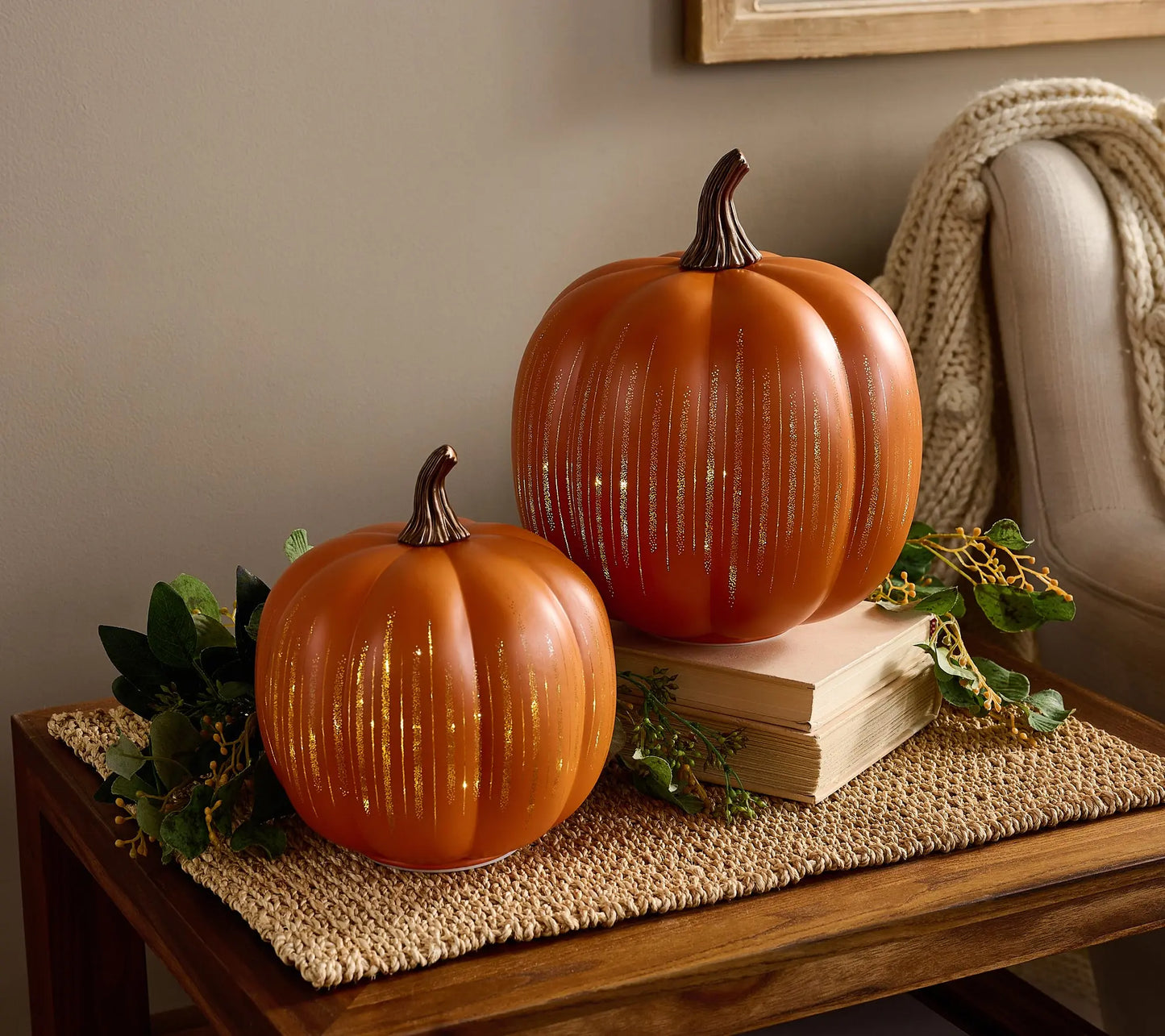 Pumpkin-Shaped Light-Up "Starry Night" Glass Ornament (Set of 2)