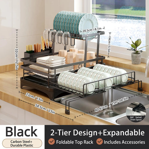 2-Tier Over Sink Dish Drying Rack with Pull-Out Tray