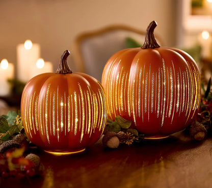 Pumpkin-Shaped Light-Up "Starry Night" Glass Ornament (Set of 2)